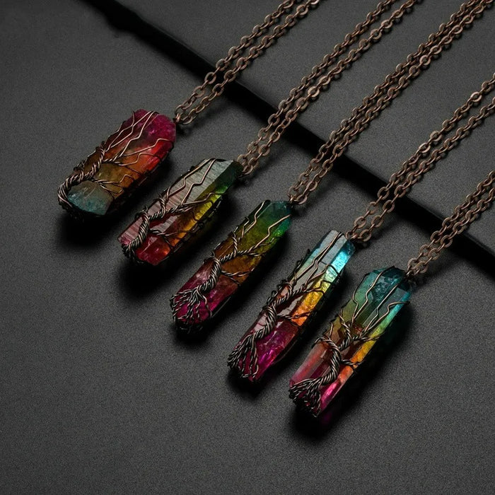 7 Chakra Natural Rainbow Stone Pendant Healing Crystal Necklace Unisex Long Chain Tree of Life Statement Jewelry Gift