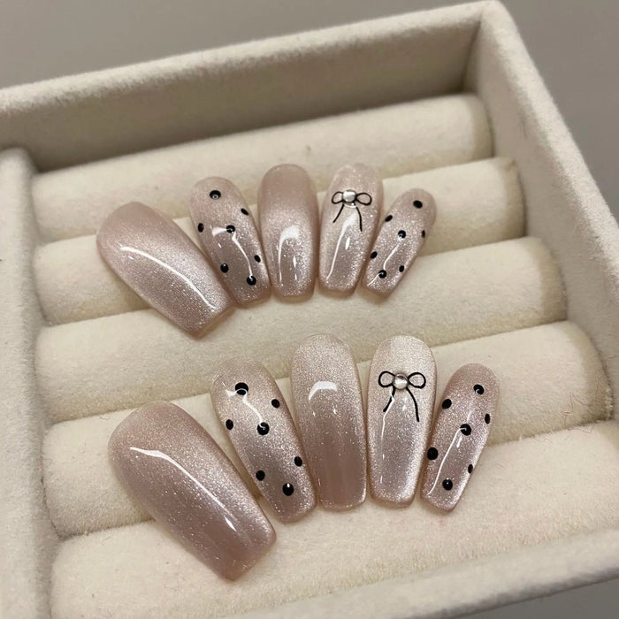 Hand-made 163 Middle COFFIN Pure Handmade Wearing Nail and Nail Sticker Ice Transparent Gradient Bow Black Dot cat eye nail tips