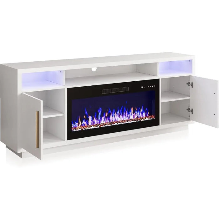 70" Fireplace TV Stand for TVs Up to 75", LED Light Entertainment Center with 36" Electric Fireplace Heater, Storage Cabinet,