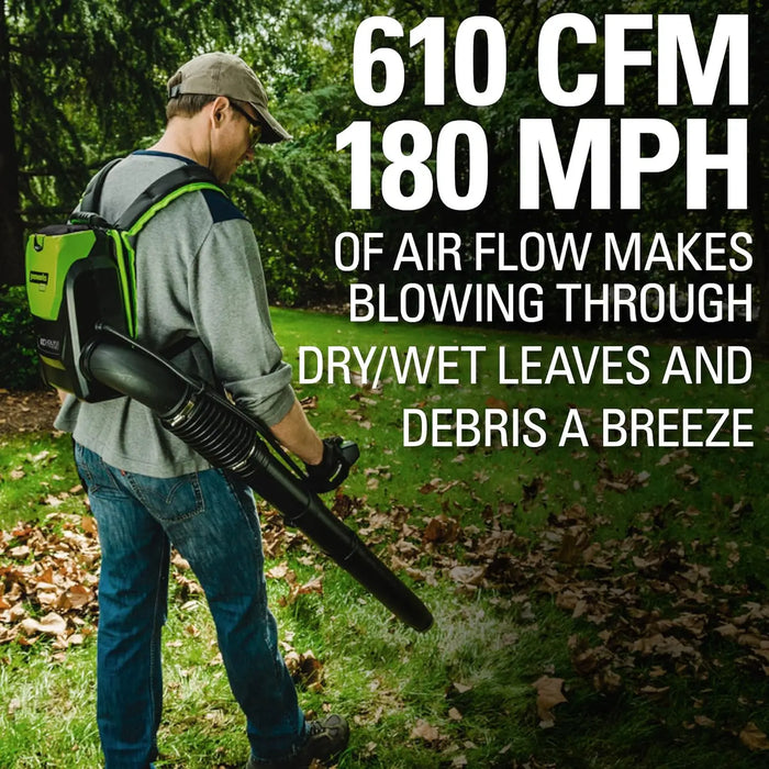 Greenworks 80V (180 MPH / 610 CFM / 75+ Compatible Tools) Cordless Brushless Backpack Blower, 2.5Ah Battery