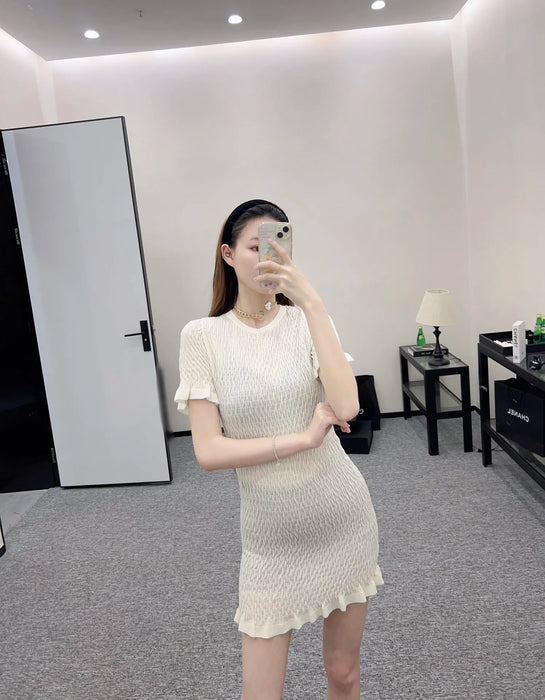 2024 Summer New High Quality Women's Wear Lotus leaf three-dimensional wave short sleeved knitted dress 0621