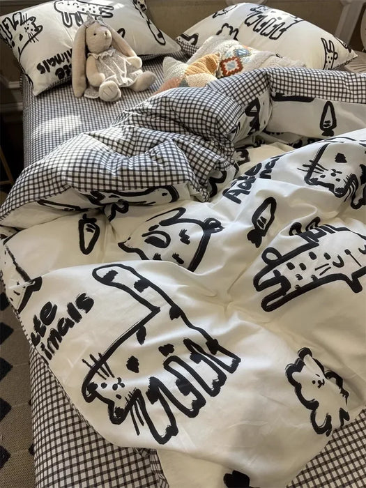 Ins Black and White Graffiti Crocodile Kitten Bed Pure Cotton Duvet Cover Bed Sheet