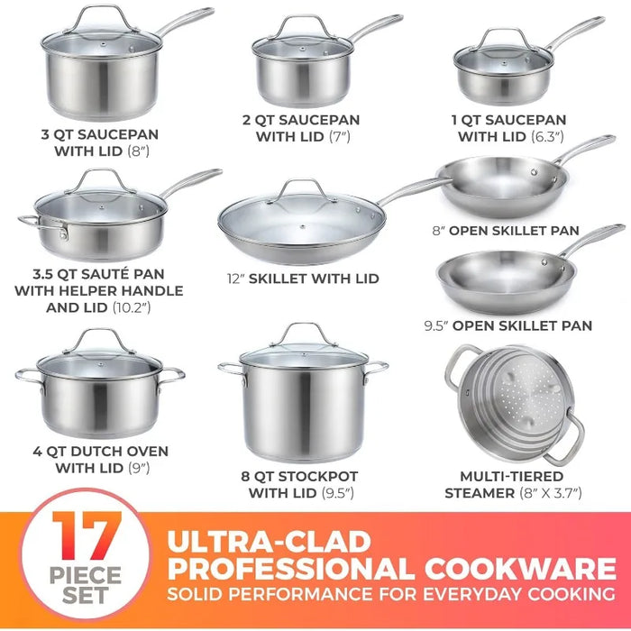 Mueller Pots and Pans Set 17-Piece, Ultra-Clad Pro Stainless Steel Cookware Set, Ergonomic EverCool Handle, Includes Saucepans