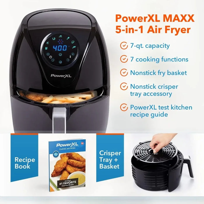 Air Fryer 7 QT Maxx Classic, Extra Hot Air Fry, Cook, Crisp, Broil, Roast, Bake, High Gloss Finish, Black (7 Quart)