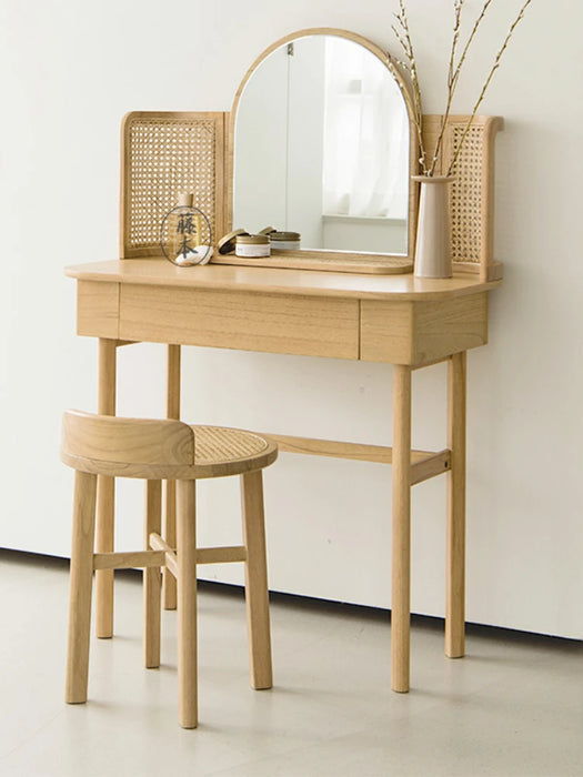 Solid Wood Rattan Dressing Table Mirror Desktop Makeup Mirror Table
