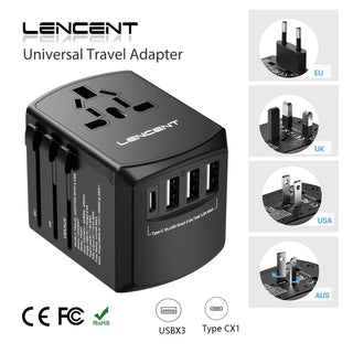 LENCENT Universal Travel Adapter All-in-one Travel Charger with 3 USB Ports and 1 Type C Wall Charger for US EU UK AUS Travel