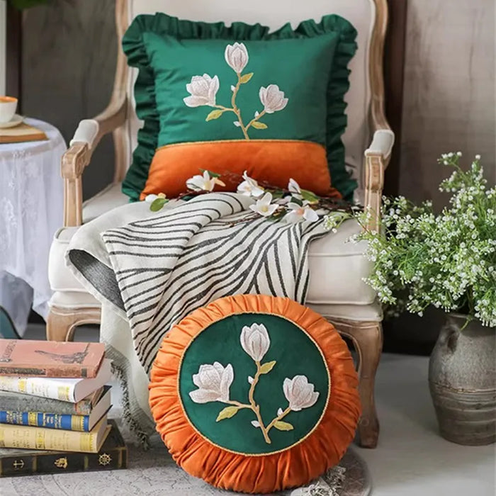 Luxury Velvet Cushion Cover Flower Embroidery Pillow Case Sofa Living Room Home Decor Chinese Style Retro Round Pillow