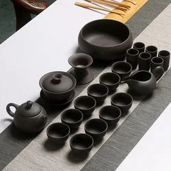 Chinese/Japanese Vintage Kungfu Gongfu Tea Set - Porcelain Teapot & Teacups, Purple Sand