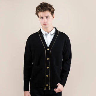 Hellen&Woody Men's Spring and Autumn New Gold Zip Cardigan Sweater Fashion Casual Slim Button Lapel Linen Cotton 8232030905