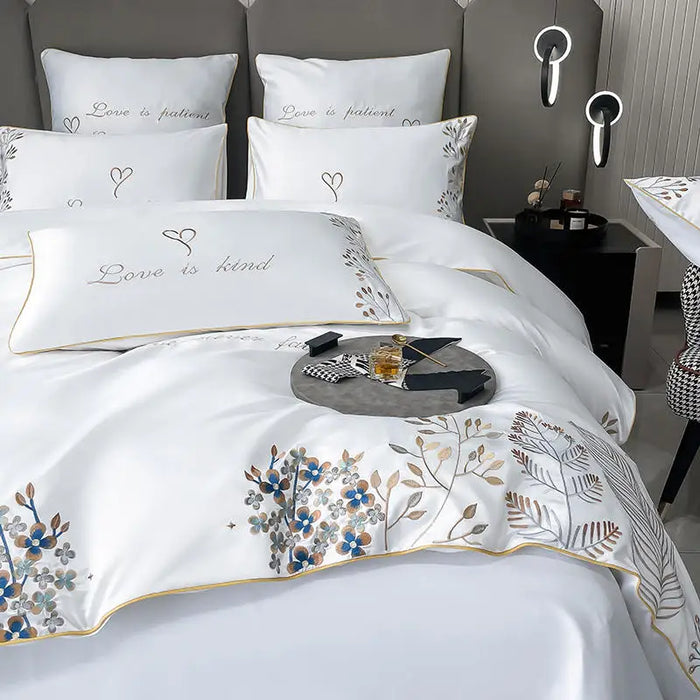 Chic Art Embroidered Egyptian Cotton Bedding Set Luxury White Quilted Duvet Cover Bed Sheet Pillowcases Solid Color Home Textile