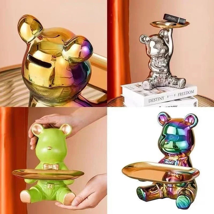 Electroplating bear cartoon sculpture, ceramic decorative ornaments with piggy bank, keys cosmetics, snacks desktop storage tray