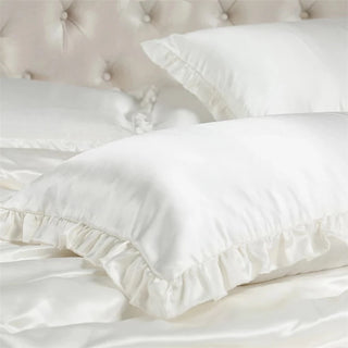 One Pair Ruffles Silk Pillowcases 100% Mulberry Silk Ivory White Purple Colors 74 x 48 Cm 2 Pieces On Sale