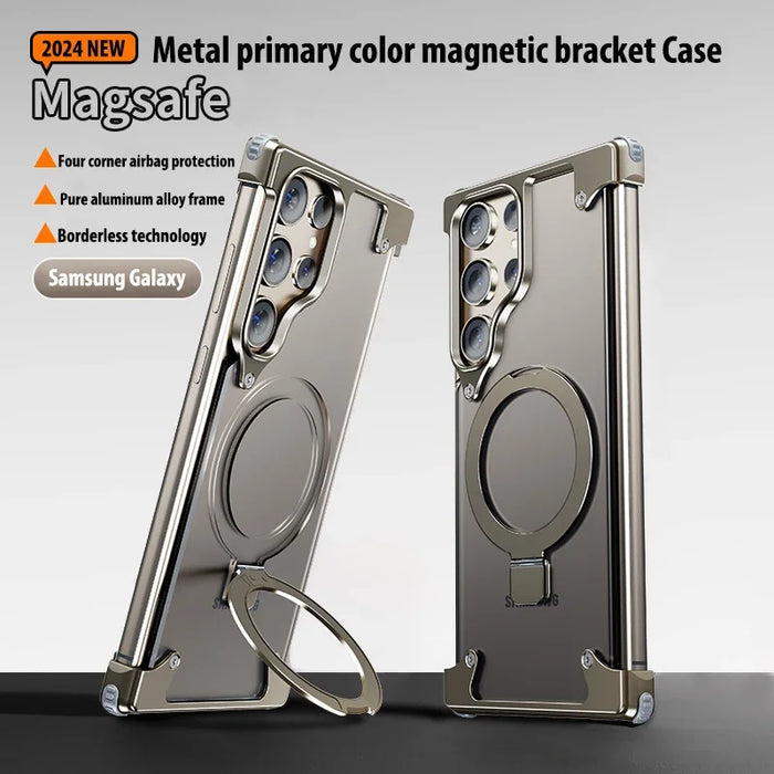 For Samsung Galaxy S23 S24 Ultra Case Metal Magsafe frame four corner airbags Transparent leather Finger Ring Phone Holder cover