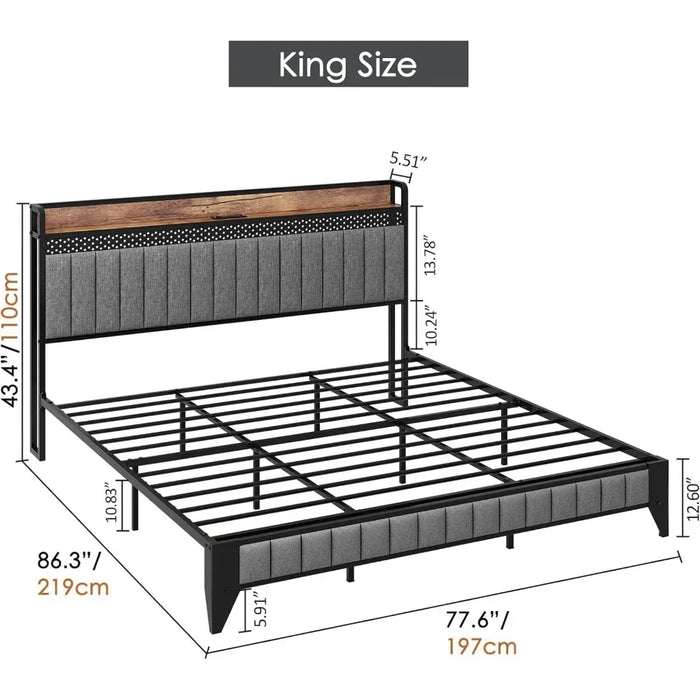 Bedroom Furniture King Size Bed Frame Platform with Charging Station, LED Lights, Metal Slats, Grey