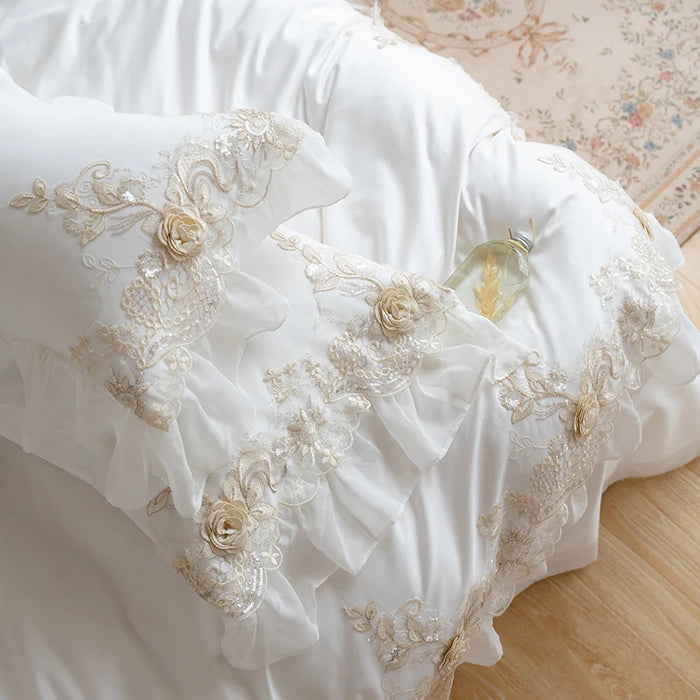 White Lace Embroidery Princess Bedding Set Luxury High End France Style Egyptian Cotton Duvet Cover Bed Sheet Pillowcases