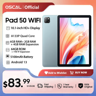 OSCAL Pad 50 WIFI Tablet PC 10.1'' HD Display 6GB 64GB 5100mAh Battery A133P Quad Core Dual Speaker Android 13 Tablets WIFI