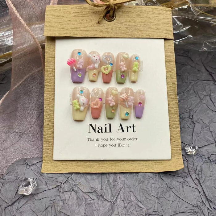 2024 new love cute three-dimensional bear high-end macaroon dopamine wearing a colorful summer nail patch.