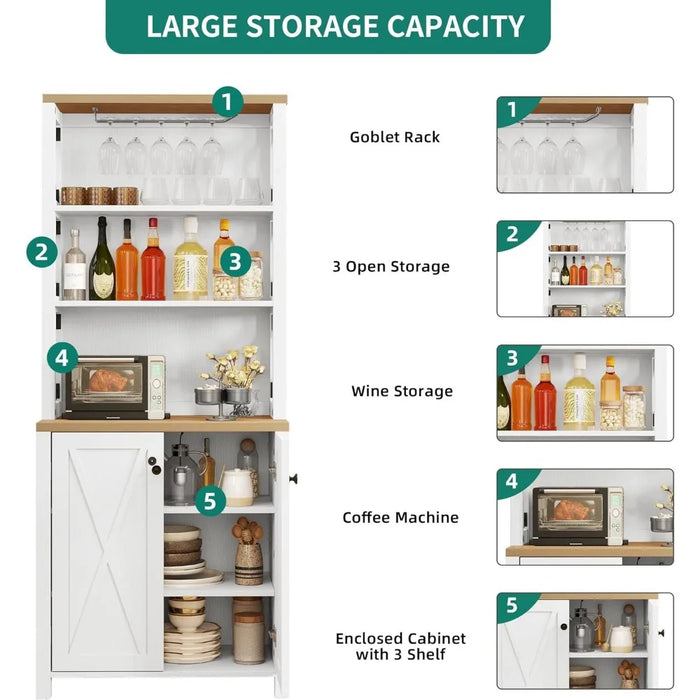 Dining Room Kitchen Cabinet with Wine Rack, Upper Glass Cabinet, Open Storage Shelves for Living Room, Hallway, White