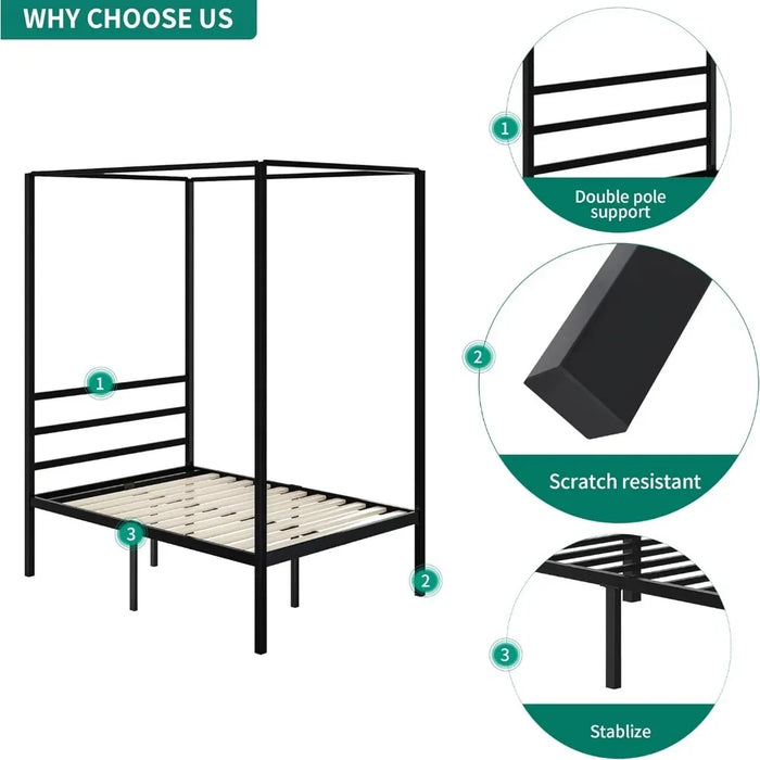 Bedroom furniture metal 4 post canopy bed frame with headboard with wooden slats, no springs required, black