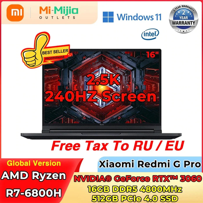 Xiaomi Redmi G Pro Gaming Laptop 2022 Geforce RTX3060 GPU AMD R7 6800H 16G/32 RAM 512G SSD Notebook 2.5K 240Hz 16 Inch PC