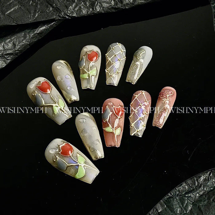 Millennium Spicy Girl High End, Small and Popular Hand Painted Nail Art, Liquid Silver Wire, Exquisite Flower Wearing Armor