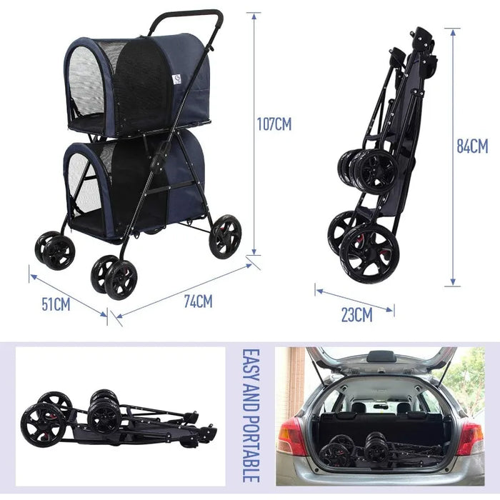 Amazon hot selling easy fold 4 wheels large pet dog stroller double cabin travel carriage