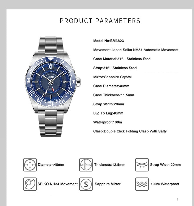BORMAN Men Luxury Watch 40mm GMT Automatic Mechanical Wristwatch Diver 100M Waterproof C3 Luminous Sapphire Ceramic Bezel NH34