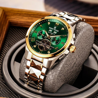 Reef Tiger Luxury Stainless Steel Multifunction Tourbillon  Automatic Watch For Men Calendar Waterproof  Wrist Watch RGA8235