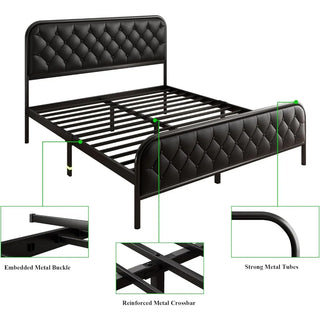 Queen Size Bed Frame, Heavy-Duty Metal Beds Frames Faux Leather Button Tufted Headboard, 12" Storage Space,Noise Free,Bed Frame