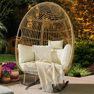 2024 New Outdoor Rocking Egg Chair, Wicker Patio Rocking Basket Chair with 370lbs Capacity,  for Indoor Living Room