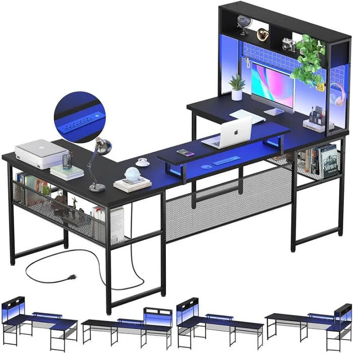 Reversible L Shaped Computer Desk with Power Outlets and LED Strip, Large Office Table with Monitor Stand and Storage Shelves