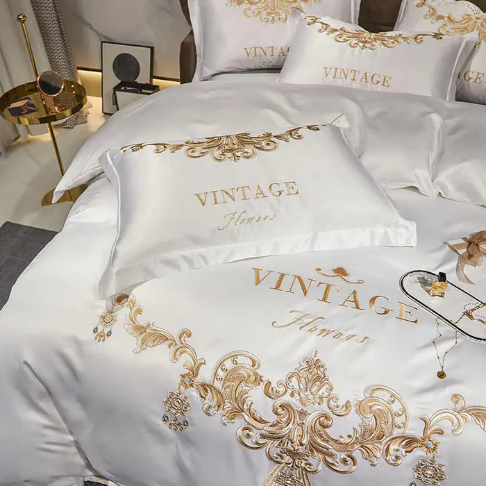 New White Satin Cotton Bedding Set Luxury Royal Gold Embroidery Duvet Cover Bed Sheet Pillowcases Solid Color Bedclothes