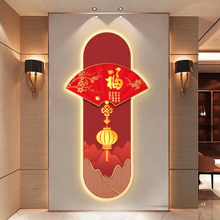 Fu Lu Light Hanging Painting New Chinese Porch Decorative LED Light Fu Word Restaurant Chinese Knot Background Wall Painting New