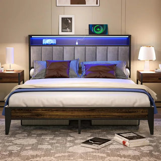 Bed Frame, Headboard with Storage and LED Lights, with 3 Charging Stations, No Box Spring, Easy To Assemble, Bed Frame