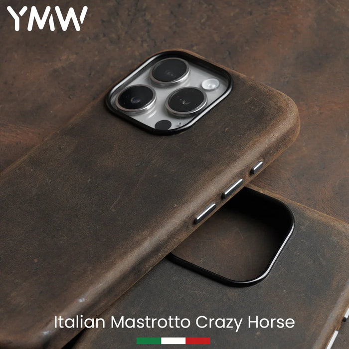 YMW Italian Crazy Horse Genuine Leather Case for iPhone 15 Pro Max Personality Cowhide Magnetic Phone Cover