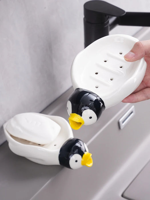 Soap Box Shelf Ceramic Bathroom Cute Penguin Toiletries Simplicity Household High-grade Perforation-free Drain Drainage Soap Box