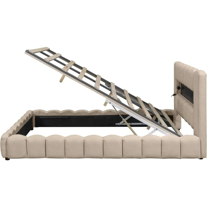 Large Linen Upholstered Platform Bed with LED Headboard, Wooden Slatted Support, Noiseless and Easy To Assemble