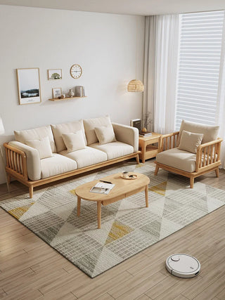 Nordic solid wood fabric sofa, living room, three-person combination, Japanese simple beige cream style furniture, quiet wind