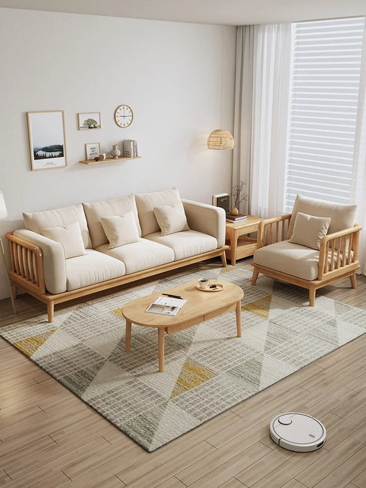 Nordic solid wood fabric sofa, living room, three-person combination, Japanese simple beige cream style furniture, quiet wind