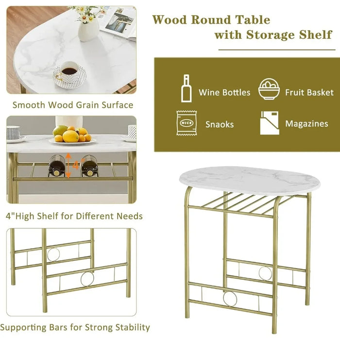 3 Piece Small Round Dining Table Set for Kitchen Breakfast Nook, Wood Grain Tabletop with Wine Storage Rack, Save Space, 31.5"