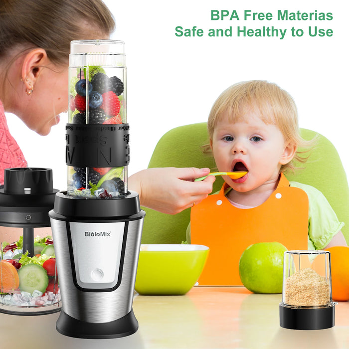 BioloMix 3-in-1 Multifunctional Food Processor 700W Portable Juicer Blender Personal Smoothie Mixer Food Chopper and Dry Grinder