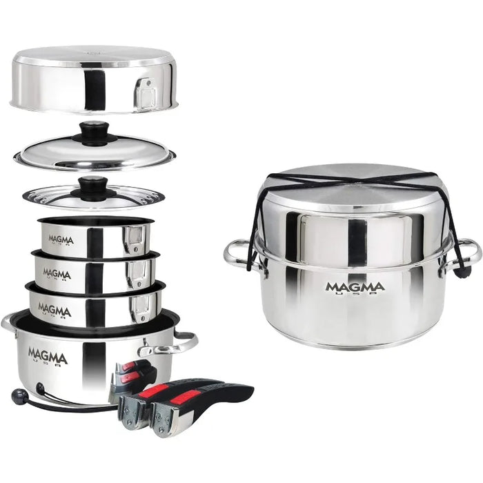 Magma Products, A10-366-2-IND Gourmet Nesting Stainless Steel Induction Cookware Set with Non-Stick Ceramica (10 Piece), silver