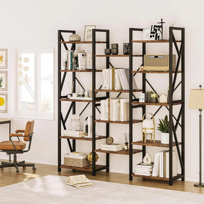 Study Room Storage Shelf Three Wide 5 Tier 70.8 Inch Large Industrial Bookshelf With Metal Frame for Home Office Bookcase Living