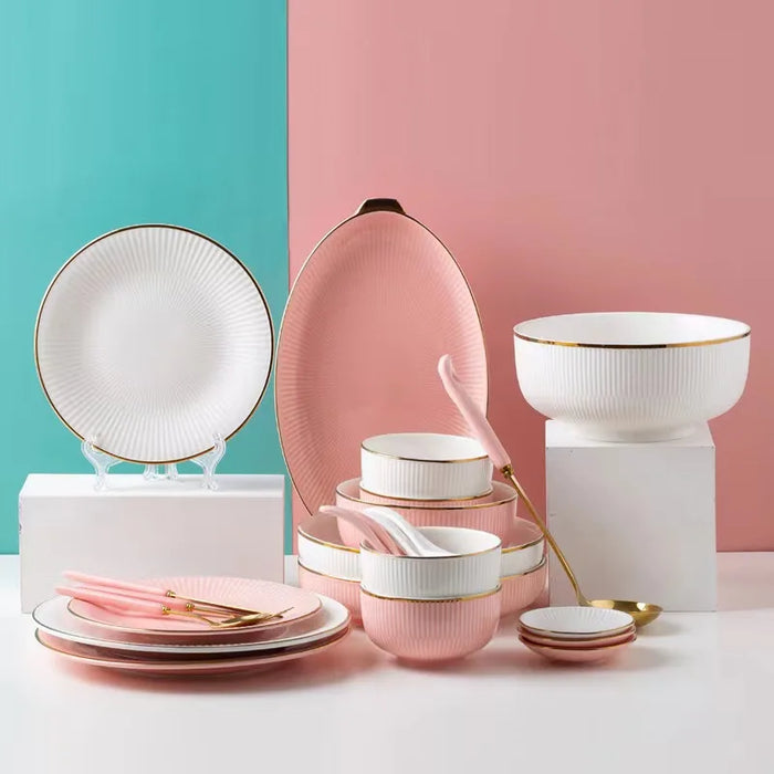 New Fashion Nordic Bone China Plates Set White Dinnerware Serving Kitchen Dessert Dish Golden Edge Tableware Porcelain Pink