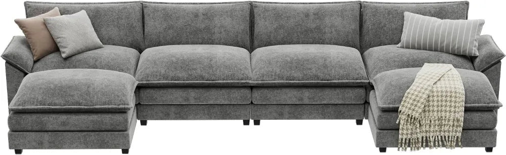 Sectional Modular Sofa U Shaped Chenille Fabric Couch with High Supportive & Soft Sponges and Removable Ottoman, Sleeper Comfy