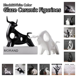 Nordic Ins Glaze Ceramic Figurines Black&White Color Porcelain Ornaments Cabinet Decoration Deer/Elephant/Rabbit/Tree Miniatures