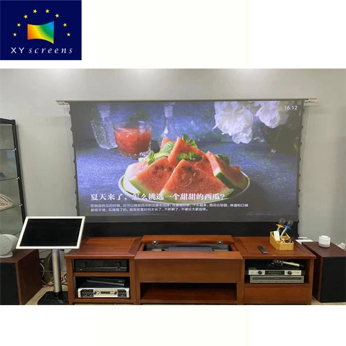 XYSCREEN Black Housing Clr Pet Crystal Motorized Floor Rising Projector Screen For Ust Projectors