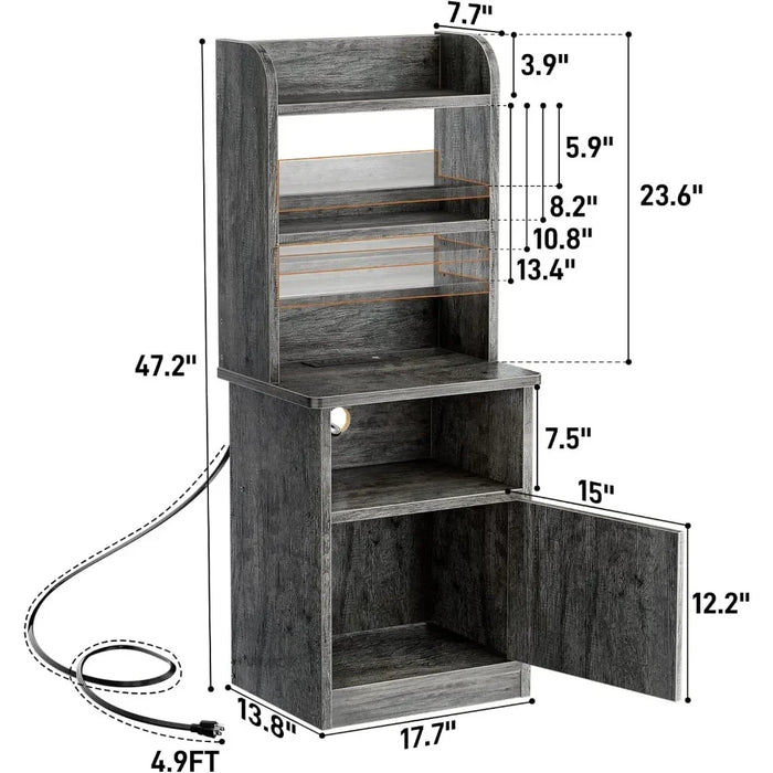 Tall Nightstand with Charging Station and USB Ports - 47" Tall Bedside Table with Adjustable Bookshelf, End Table Side Table