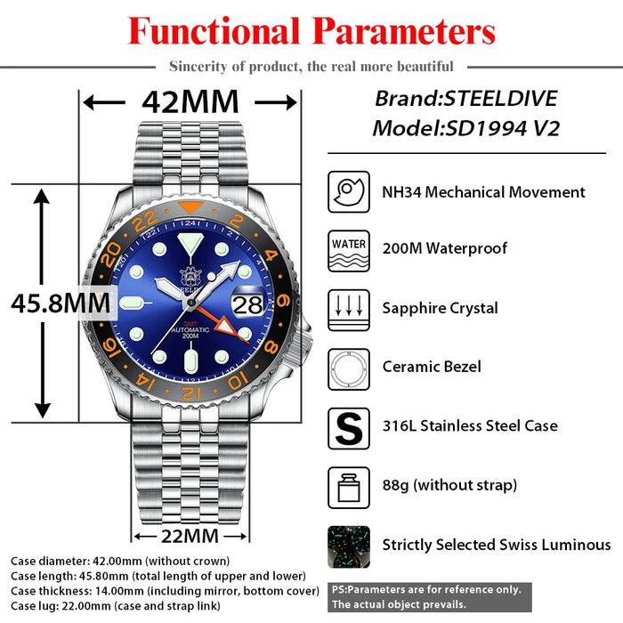 SD1994 STEELDIVE Brand 42MM GMT Mechanical NH34 Movement 200M Waterproof Ceramic Bezel Insert Sapphire Glass Dive Watch Reloj