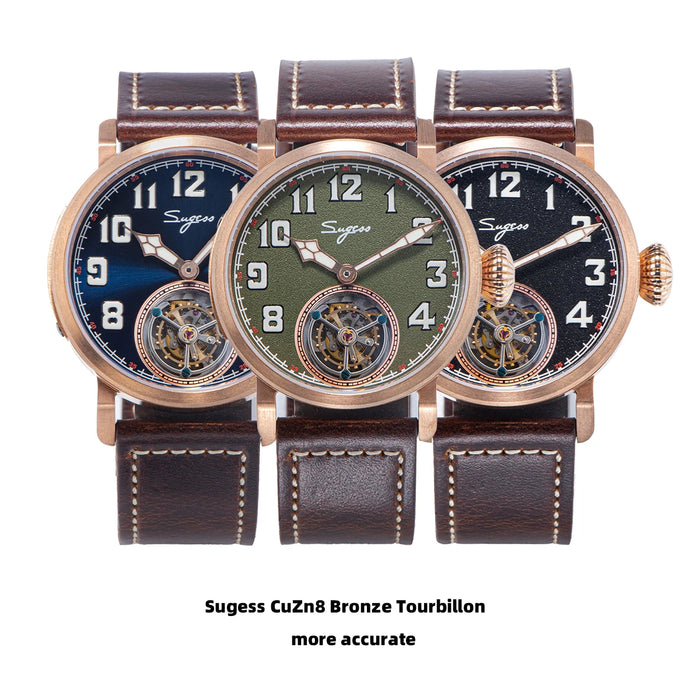 Sugess Tourbillon Bronze Men Watch Original ST8230 Movement HandWind BGW9 Luminous Sapphire CuSn8 WristWatches Crocodile Leather